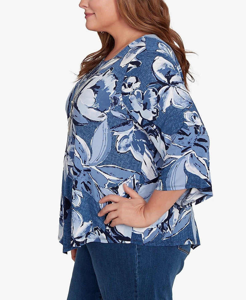 Alfred Dunner Plus Classic Puff Print Denim Floral Top