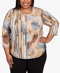 Alfred Dunner Plus Classic Spliced Floral Stripe Crew Neck Top