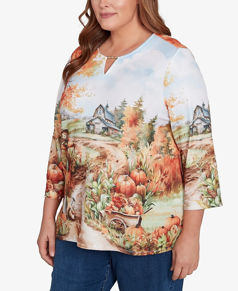 Alfred Dunner Plus Classic Farm Landscape Harvest Keyhole Neck Top