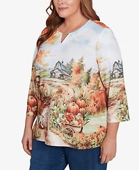 Alfred Dunner Plus Classic Farm Landscape Harvest Keyhole Neck Top