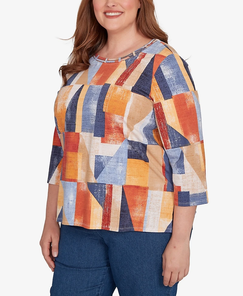 Alfred Dunner Plus Colorblock Detailed Crew Neck Top