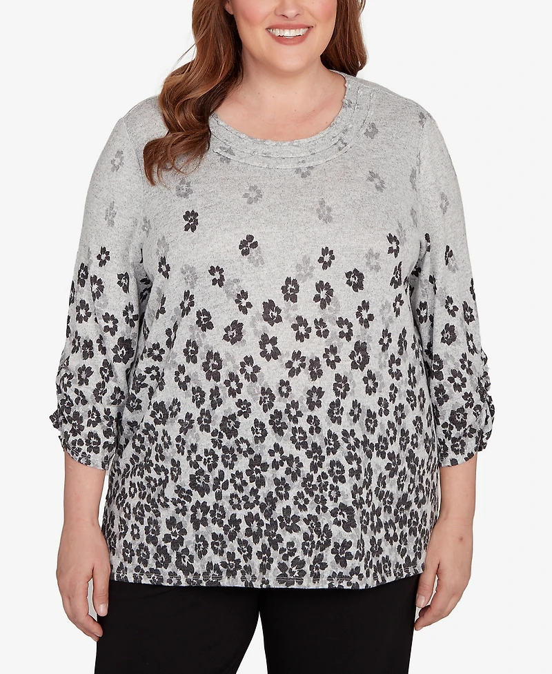 Alfred Dunner Plus Classic Floral Border Gathered Sleeve Top