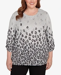 Alfred Dunner Plus Classic Floral Border Gathered Sleeve Top