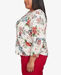 Alfred Dunner Plus Classic Holiday Poinsettias Crew Neck Top