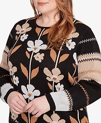 Alfred Dunner Plus Classic Vertical Flower Zig Zag Sweater