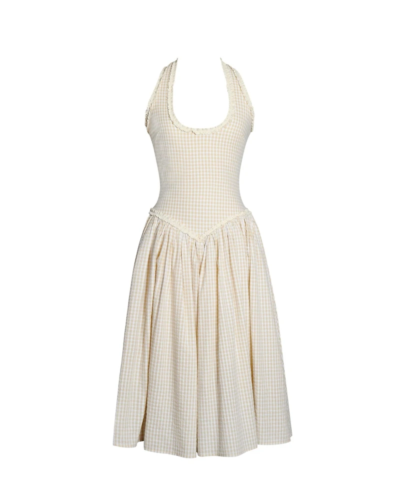 Miss Circle Women's Idella Yellow Gingham U Neck Midi Dress