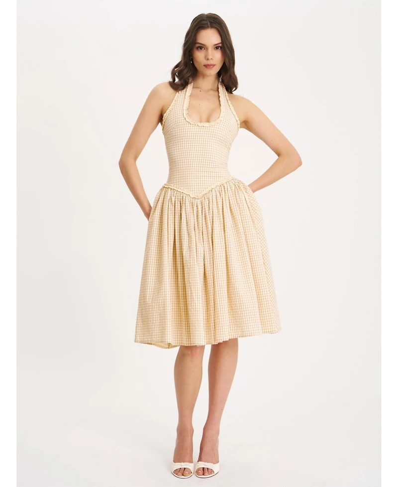Miss Circle Women's Idella Yellow Gingham U Neck Midi Dress