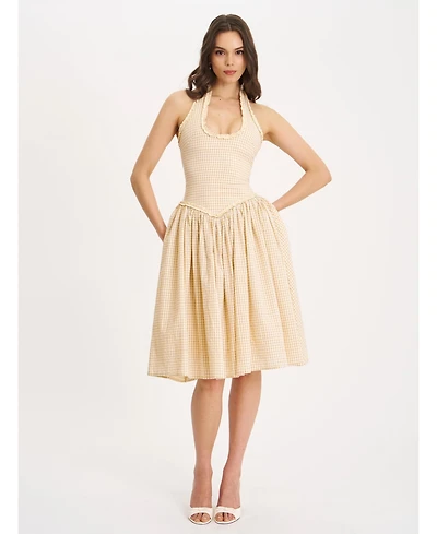 Miss Circle Women's Idella Yellow Gingham U Neck Midi Dress
