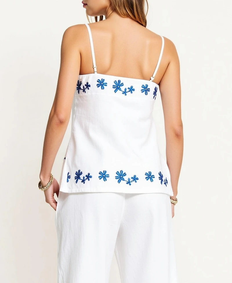 Modenaire Women's Embroidered Floral Hem Camisole and Wide-Leg Pant Set