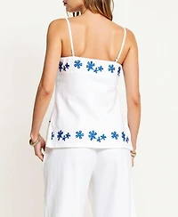 Modenaire Women's Embroidered Floral Hem Camisole and Wide-Leg Pant Set