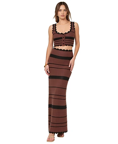 Modenaire Women's Scallop Trim Crochet Striped Knit Crop Top and Maxi Skirt Set