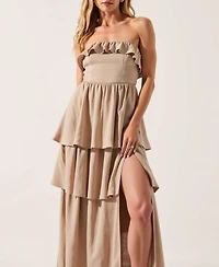 Modenaire Women's Strapless Tiered Ruffle High Slit Maxi Dress
