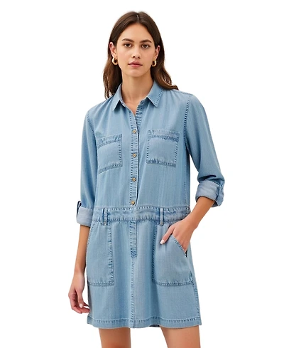 Modenaire Women's Button-Front Denim Mini Dress with Pockets