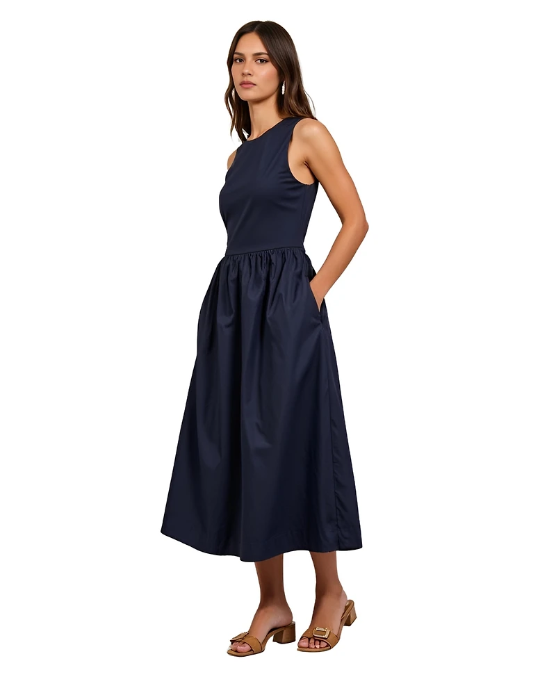 Modenaire Women's Sleeveless Crewneck Gathered Waist Midi Dress