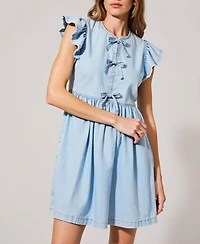Modenaire Women's Sleeveless Ruffle Bow-Tie Front Drawstring Mini Dress