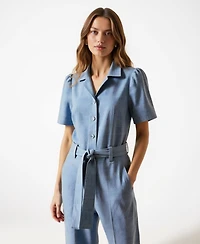 Modenaire Women's Paisley Print Belted Short Sleeve Button Front Jumpsuit