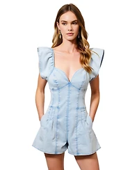 Modenaire Women's Structured Zip-Front Flutter Sleeve Pleated Romper