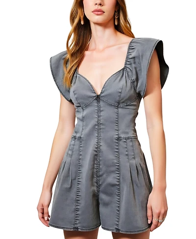 Modenaire Women's Structured Zip-Front Flutter Sleeve Pleated Romper