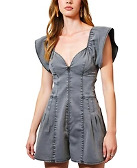 Modenaire Women's Structured Zip-Front Flutter Sleeve Pleated Romper