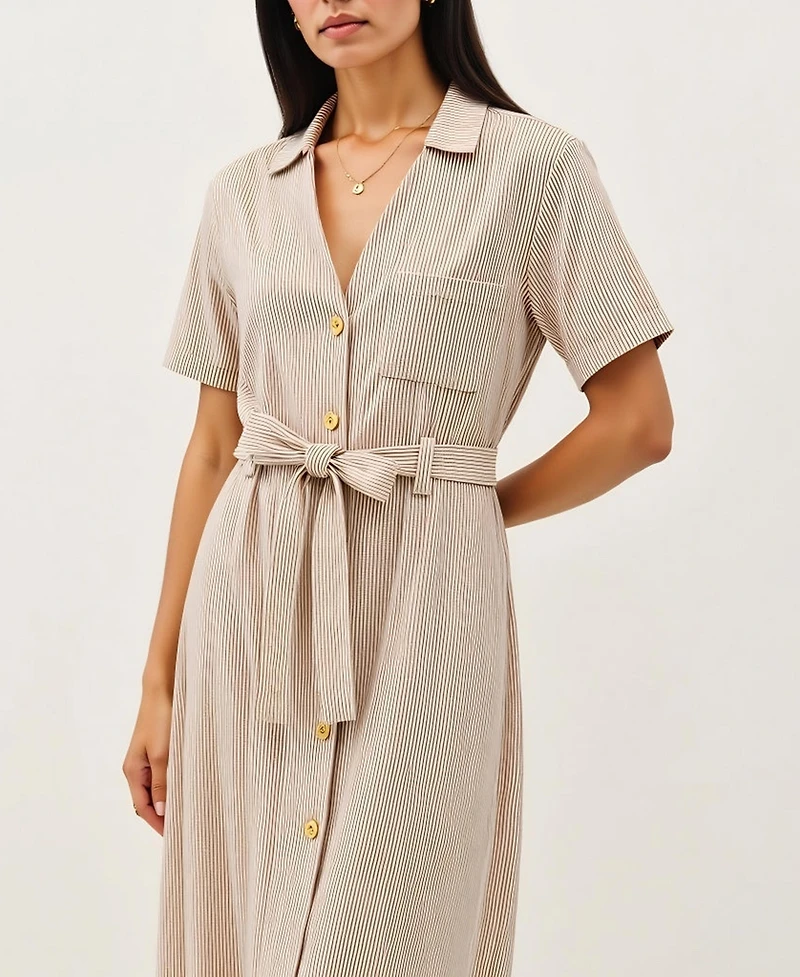 Modenaire Women's Striped Collared Waist Tie Button-Down Midi Dress