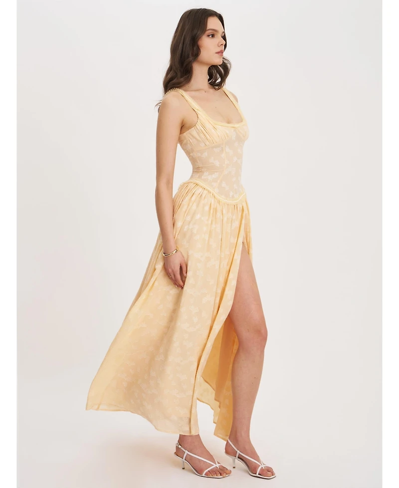 Miss Circle Women's Ulissa Orange Square Neck Jacquard Textured High Slit Maxi Dress