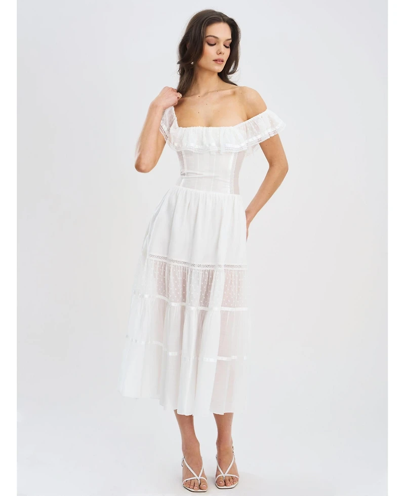 Miss Circle Women Eden Square Neck Ruffle Trim High Waist Midi Dress