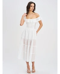Miss Circle Women Eden Square Neck Ruffle Trim High Waist Midi Dress