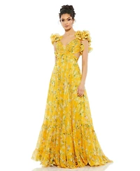 Mac Duggal Women's Sequined High Neck Ruffled Flutter Sleeve Midi Dress
