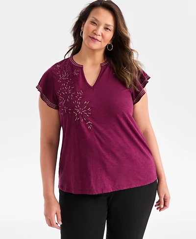 Style & Co Plus Embroidered Flutter-Sleeve Knit Top, Macy's Exclusive