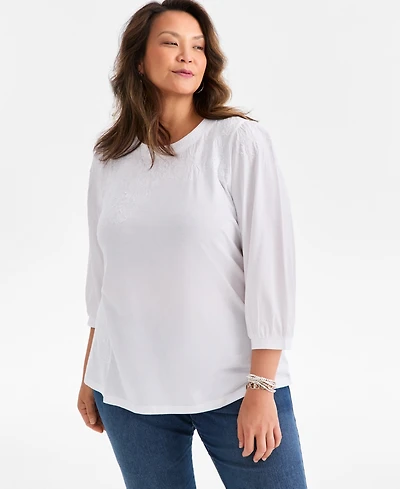 Style & Co Plus Embellished Floral Crewneck Top, Macy's Exclusive