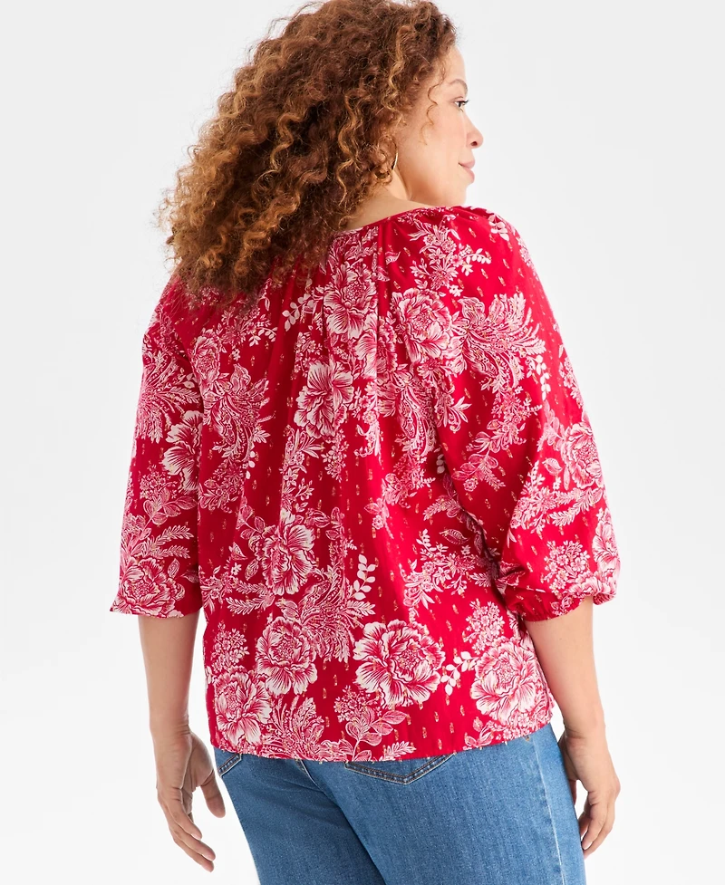 Style & Co Plus V-Neck Printed Bubble-Sleeve Blouse, Macy's Exclusive