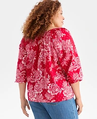 Style & Co Plus V-Neck Printed Bubble-Sleeve Blouse, Macy's Exclusive