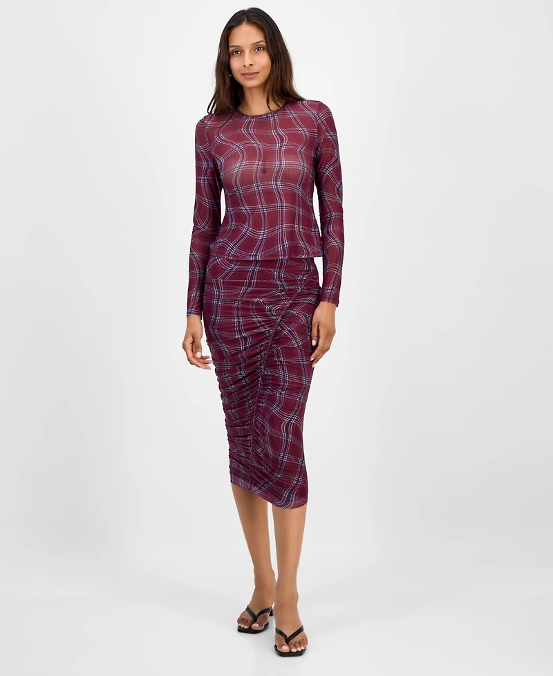 Bar Iii Women's Plaid Mesh Long-Sleeve Top, Macy's Exclusive