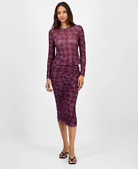 Bar Iii Women's Plaid Mesh Long-Sleeve Top, Macy's Exclusive