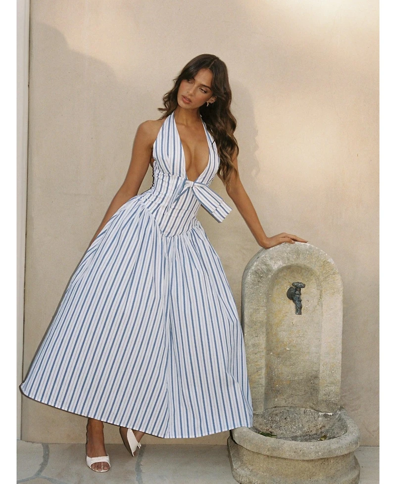Miss Circle Women's Mackenna Navy Stripe Halter Smock Back Maxi Dress