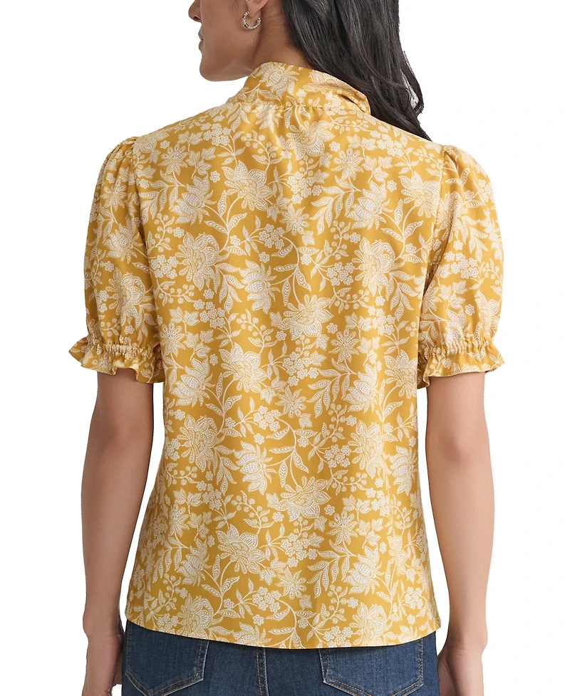 Jones New York Petite Printed Tie-Neck Puff-Sleeve Blouse
