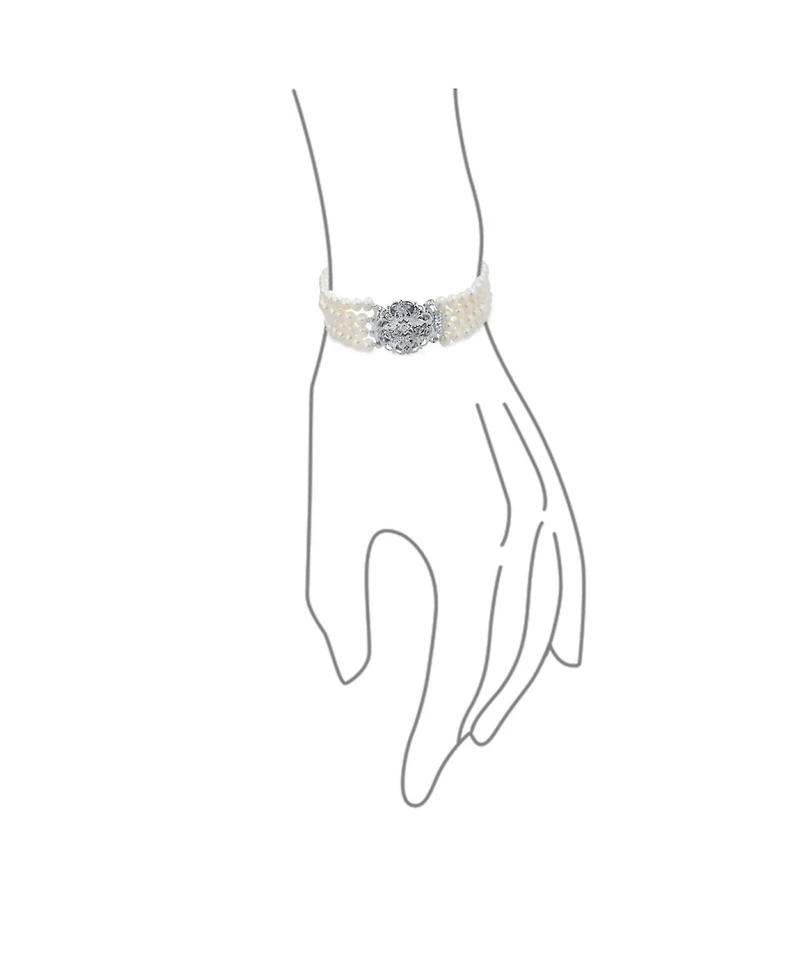 Bling Jewelry Antique Art Deco Style Wide Statement Four Multi Strand White Freshwater Cultured Pearl Bracelet Silver Plated Brass 7.5"