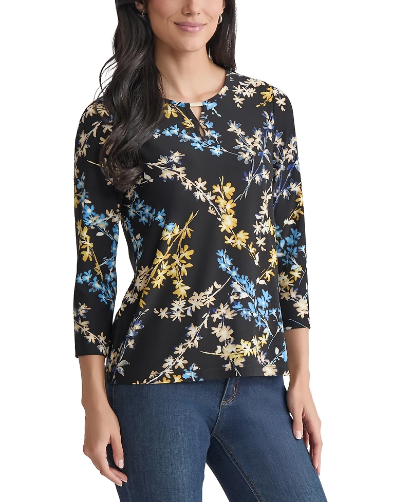 Jones New York Petite Floral-Print Keyhole Top