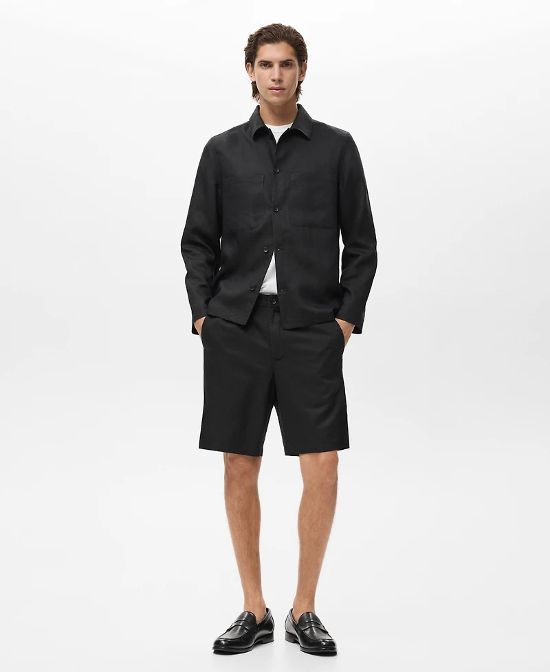 Mango Men's Elastic Waist Linen 9" Bermuda Shorts