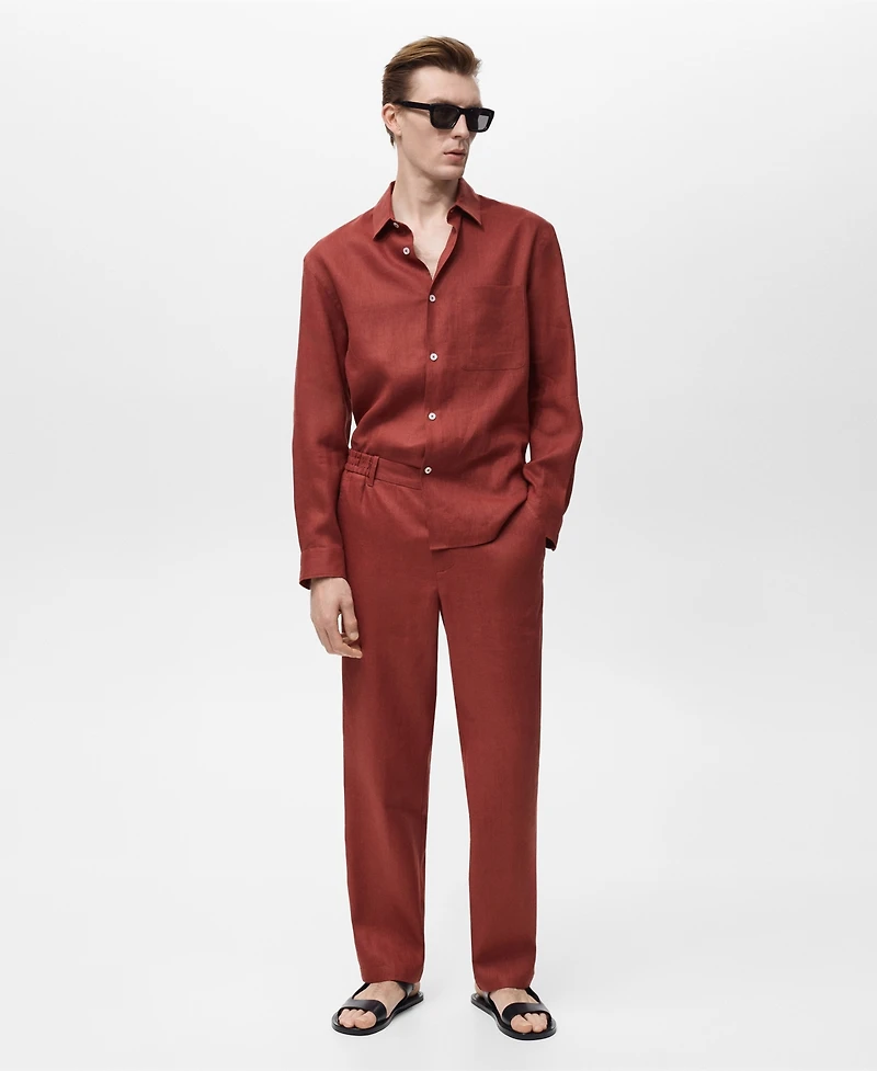 Mango Men's Elastic Waistband Linen Pants