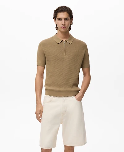 Mango Men's Zipper Openwork Knitted Polo Shirt