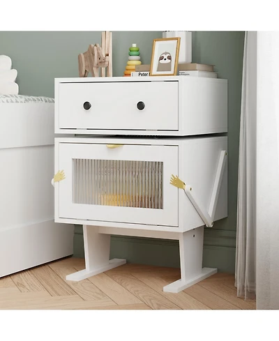 Robot-style bedside table with rotatable head, side table with glass doors, white wooden end table, suitable for bedrooms, living rooms, offices