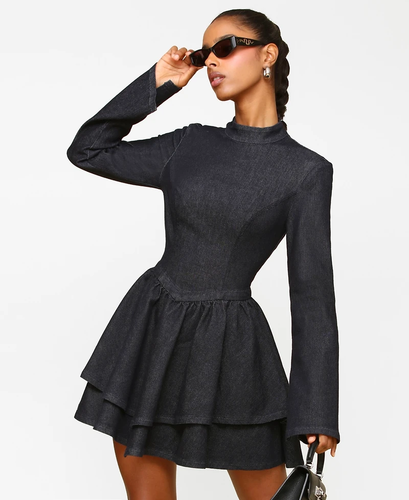 Avec Les Filles Long-Sleeve Fit & Flare Mini Dress