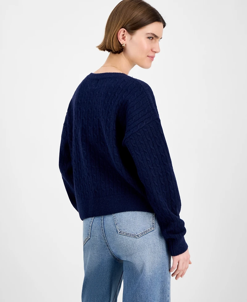 Hippie Rose Juniors' Cable-Knit Varsity Sweater