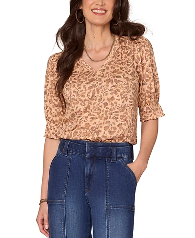 Democracy Petite Printed Puff-Sleeve Top