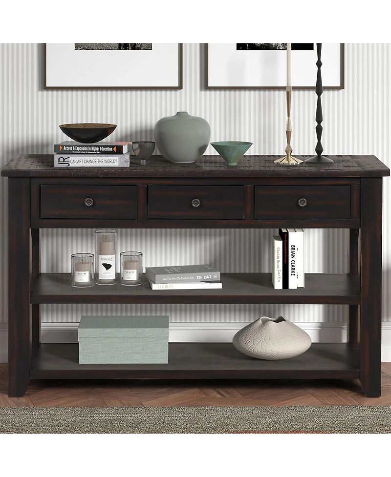 Casainc 48" Solid Pine Wood Top Console Table Cabinet with 3 Storage Drawers and 2 Shelves