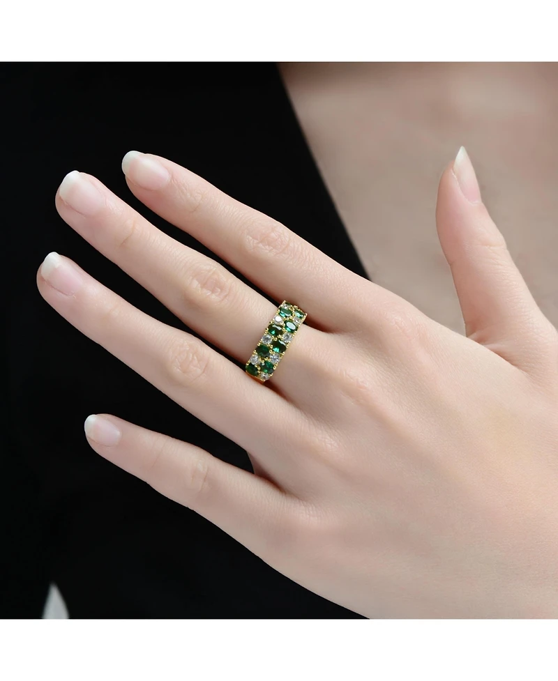 Genevive Sterling Silver 14K Gold Plated with Green & Clear Cubic Zirconia Band Ring