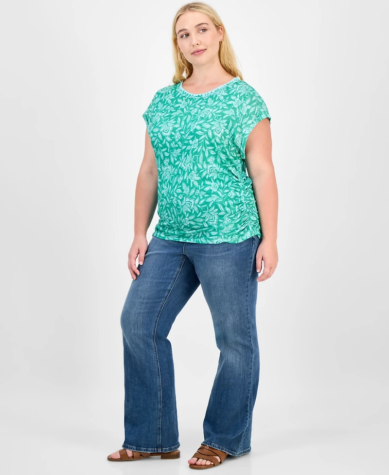 Democracy Trendy Plus Printed Side-Shirred Cap-Sleeve Top