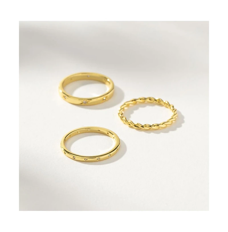 14k Gold-Plated Brass Cubic Zirconia Triad Ring, Set of 3