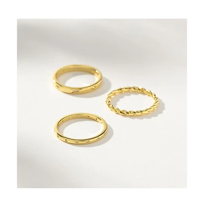 14k Gold-Plated Brass Cubic Zirconia Triad Ring, Set of 3